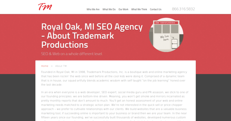About page of #15 Leading Search Engine Optimization Company: Trademark Productions