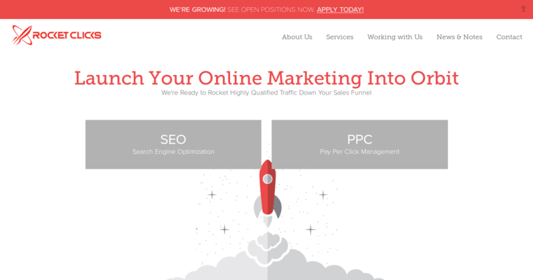 Home page of #19 Best Online Marketing Firm: Rocket Clicks