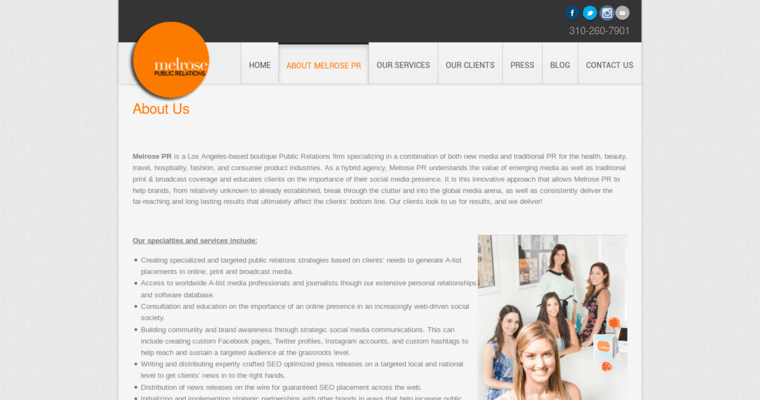 About page of #7 Best Search Engine Optimization PR Firm: Melrose PR