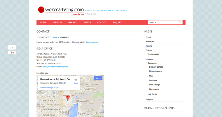 Contact page of #16 Leading SEO Company: 01 Web Marketing