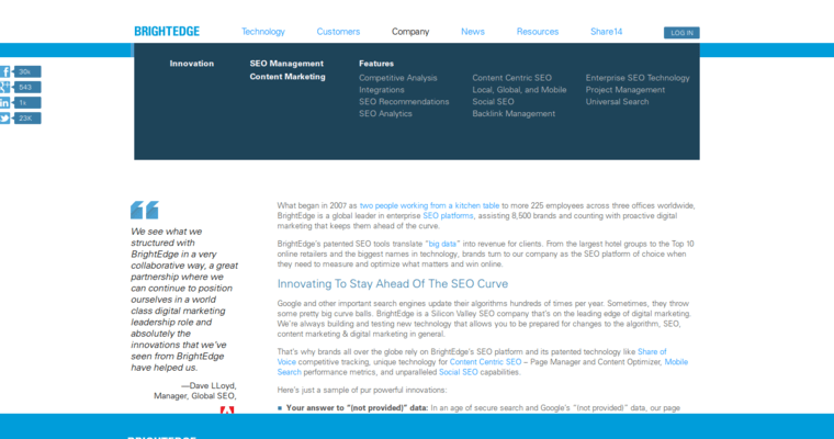 Company page of #11 Top Online Marketing Company: BrightEdge