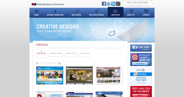 Folio page of #13 Leading Online Marketing Company: Web Solutions of America