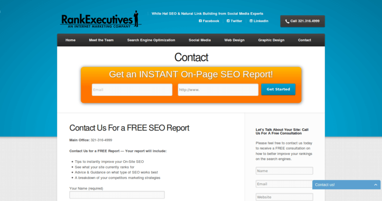 Contact page of #17 Best SEO Firm: Rank Executives