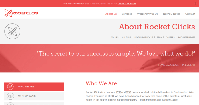 About page of #19 Leading Online Marketing Agency: Rocket Clicks