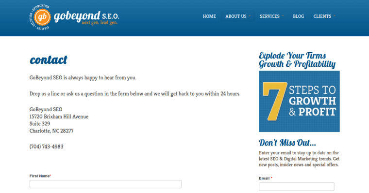Contact page of #2 Leading Charlotte Search Engine Optimization Firm: GoBeyond SEO