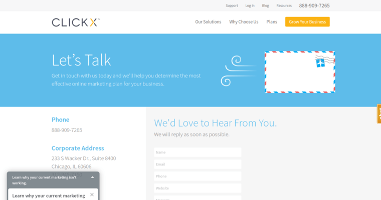 Contact page of #3 Top Chicago SEO Firm: ClickX