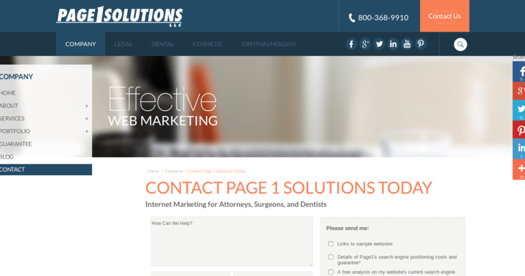 Contact page of #5 Top Dental SEO Agency: Page 1 Solutions