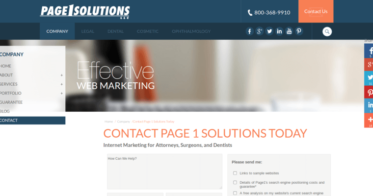 Contact page of #6 Leading Dental SEO Business: Page 1 Solutions