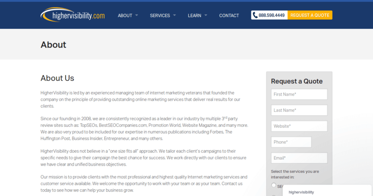 About page of #4 Best Enterprise Search Engine Optimization Firm: Higher Visibility