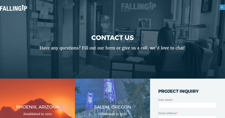 Contact page of #11 Top Enterprise Online Marketing Agency: Falling Up Media