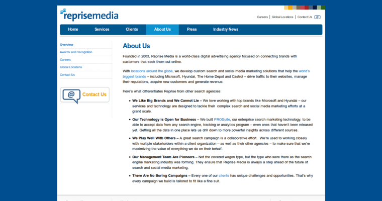 About page of #10 Leading Global Search Engine Optimization Company: Reprise Media