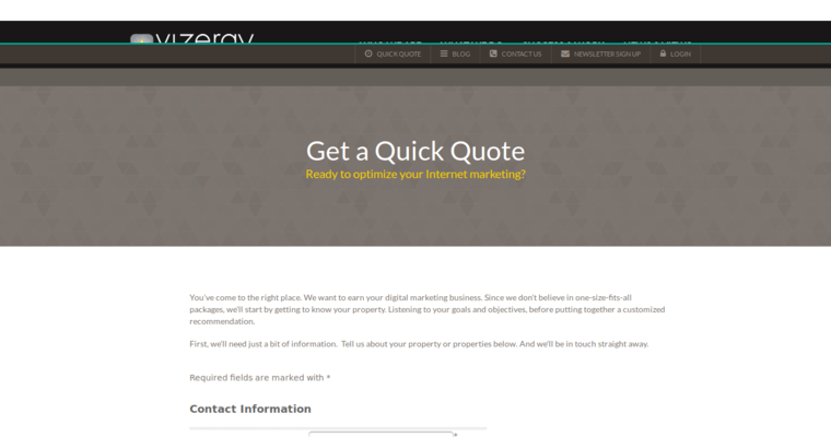 Quote page of #7 Leading Hotel SEO Business: Vizergy