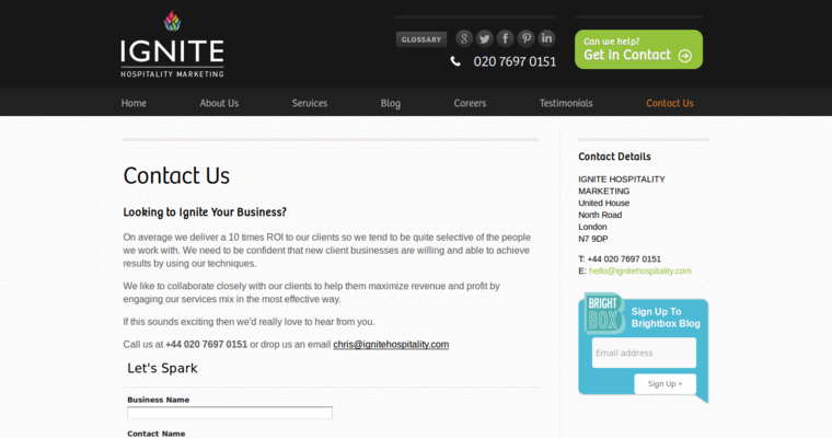 Contact page of #9 Best Hotel SEO Business: Ignite Hospitality