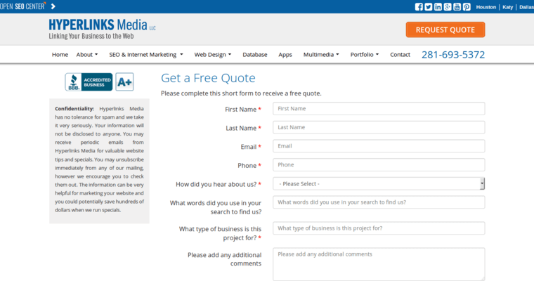 Quote page of #2 Best Houston SEO Company: Hyperlinks Media