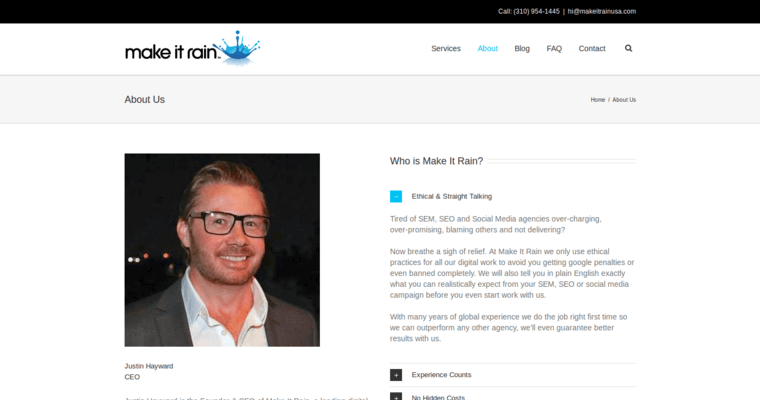 About page of #8 Best Los Angeles SEO Firm: Make It Rain
