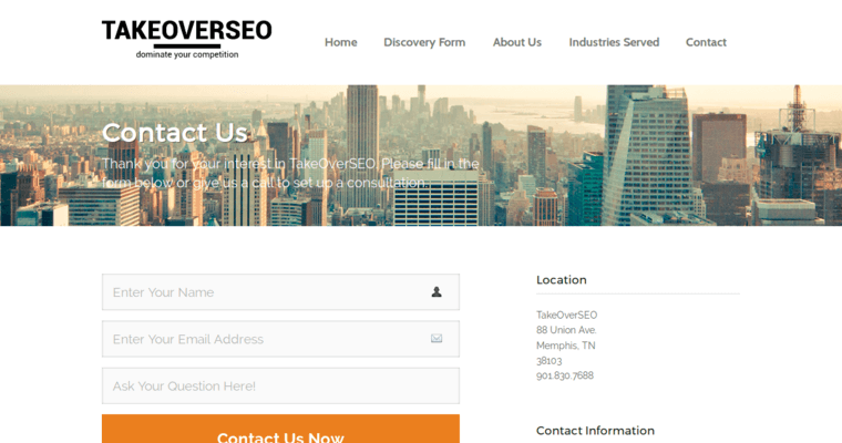 Contact page of #2 Top Memphis SEO Firm: TakeOverSEO