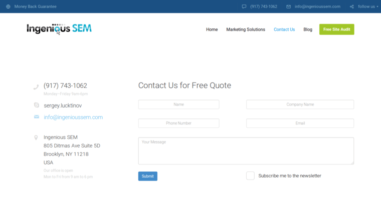 Contact page of #4 Top NYC SEO Firm: Ingenious SEM