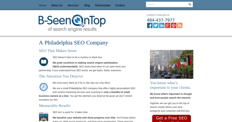 Home page of #9 Top Philadelphia SEO Agency: B-Seen On Top