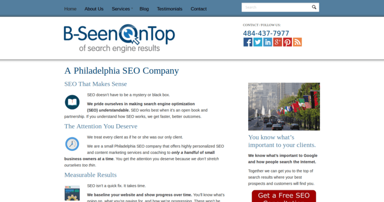 Home page of #7 Top Philly SEO Company: B-Seen On Top