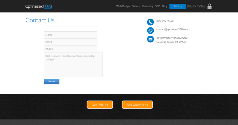 Contact page of #7 Best Online Marketing Agency: Optimized360