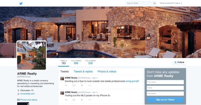 Twitter page of #9 Top Real Estate SEO Business: ARME Realty