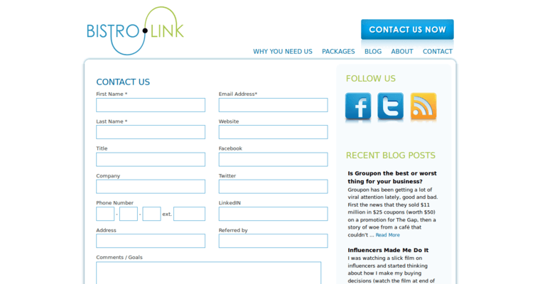 Contact page of #5 Leading Restaurant SEO Company: Bistro Link