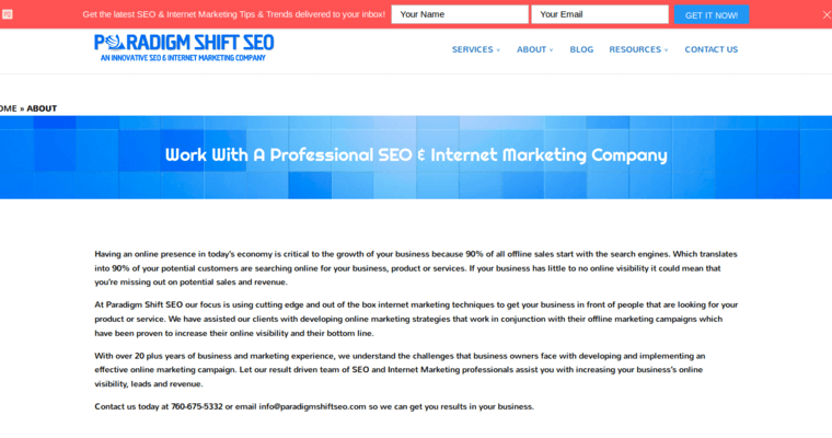 About page of #6 Leading San Diego SEO Agency: Paradigm Shift