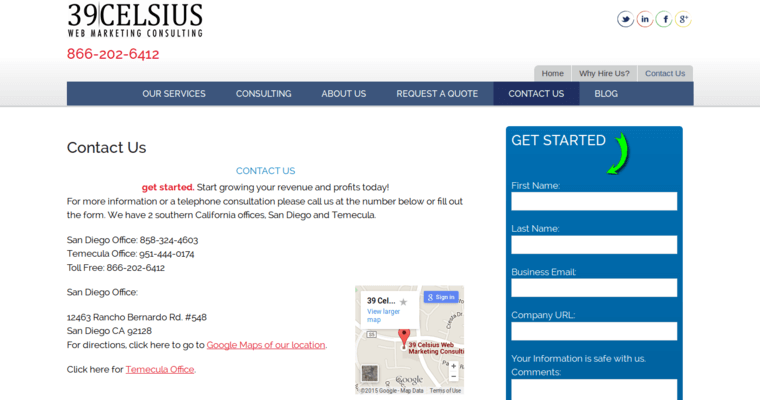 Contact page of #9 Leading San Diego SEO Company: 39 Celsius