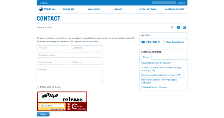 Contact page of #6 Best Social Media Marketing Agency: Edelman