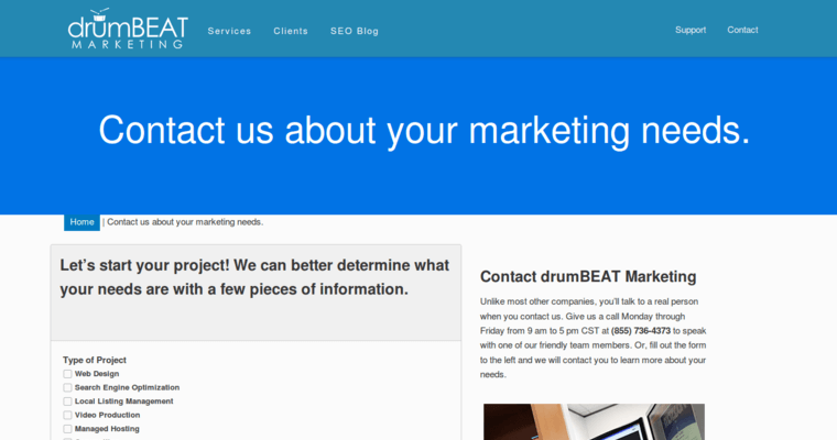 Contact page of #8 Leading Social Media Marketing Company: drumBeat Marketing