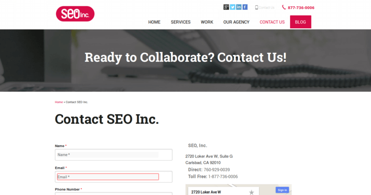 Contact page of #10 Top Social Media Marketing Agency: SEO Inc