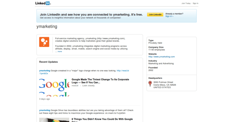Linkedin Page of Top Web Design Firms in California: ymarketing