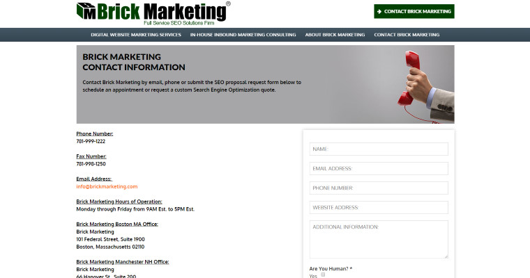 Contact Page of Top Web Design Firms in Massachusetts: Brick Marketing