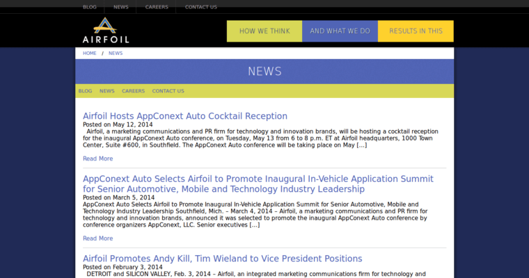 News Page of Top Web Design Firms in Michigan: Airfoil Public Relations 