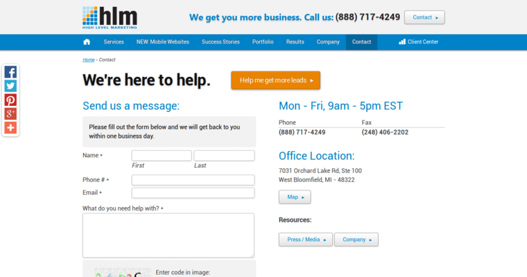 Contact Page of Top Web Design Firms in Michigan: High Level Marketing